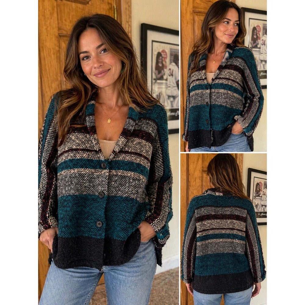 Orvis Women's Lambswool Blend Cardigan Sweater Striped Chunky Knit Blue Black S